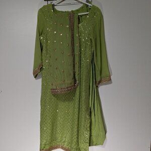 Indian Beaded Kurta with Matching Scarf and Bottoms Lime Green Gold